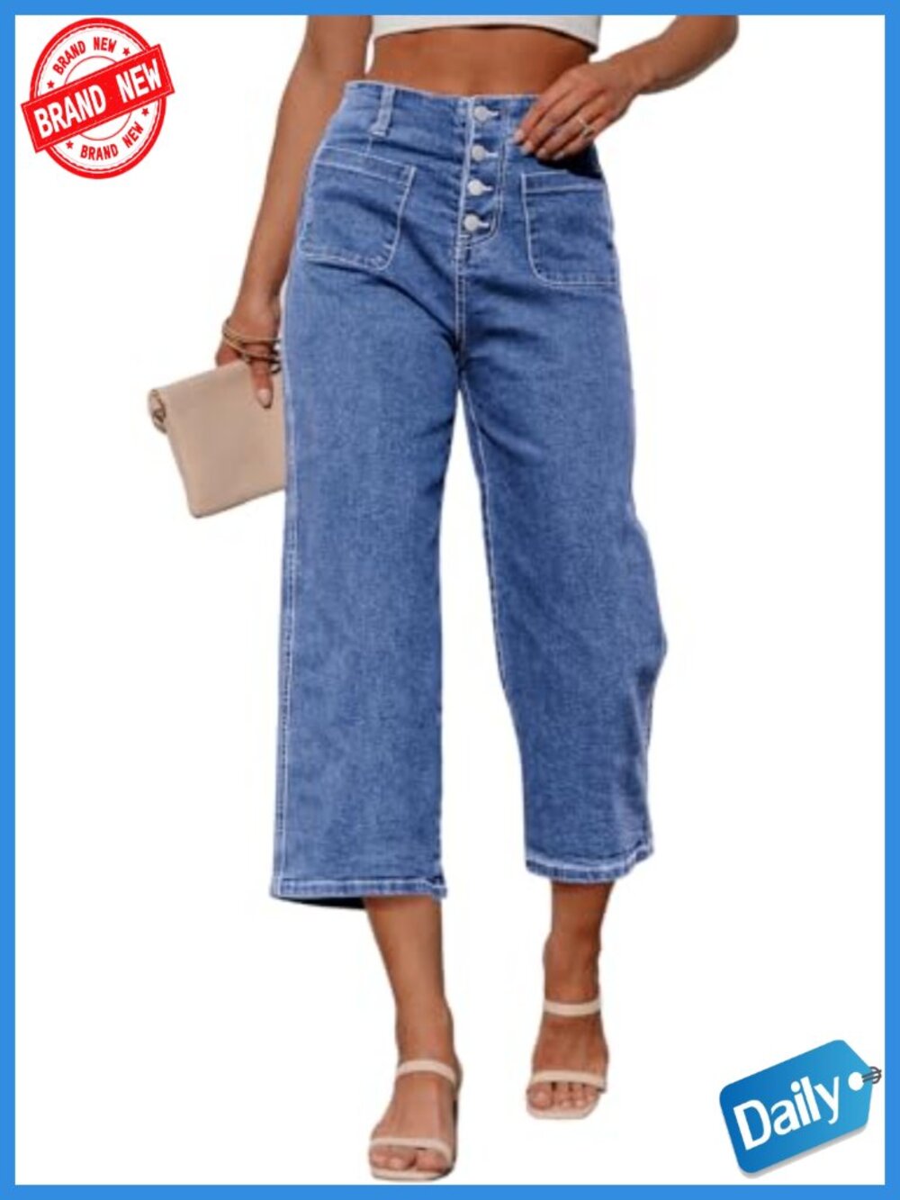 Wide Leg Capri Jeans High Waisted Stretchy Loose Cropped Summer Casual Work